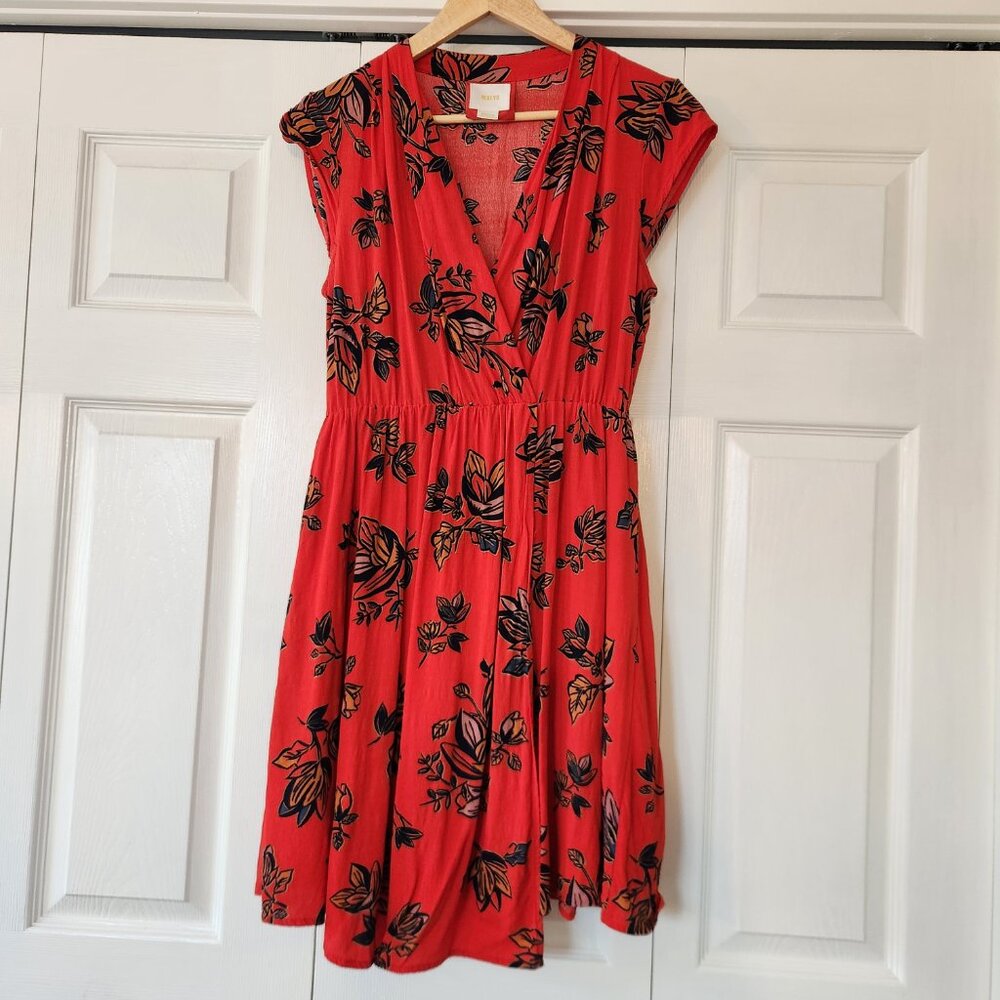 Maeve Anthropologie red floral wrap cap sleeve dress